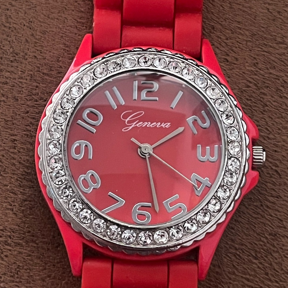 Red Geneva Crystal-Trim Watch – Waterproof Rubber Band – Never Worn